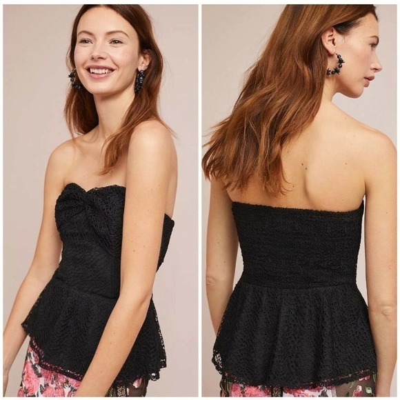 Anthropologie Tops - PORRIDGE Anthropologie Strapless Top Lace Black Peplum Blouse Size M NWT